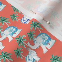 Mother and baby Elephants with palm trees in watercolor Chinoiseries style