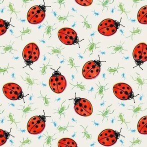 Ladybugs and Aphids - 6" medium - black, red, green, and blue on alabaster 