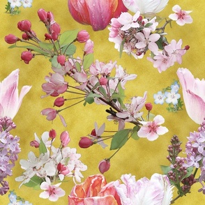 Tulips, Cherry Blossoms & Lilacs on Gold