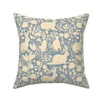 Rabbits Wildflowers Cream White and Blue Flowers Floral Bunnies 