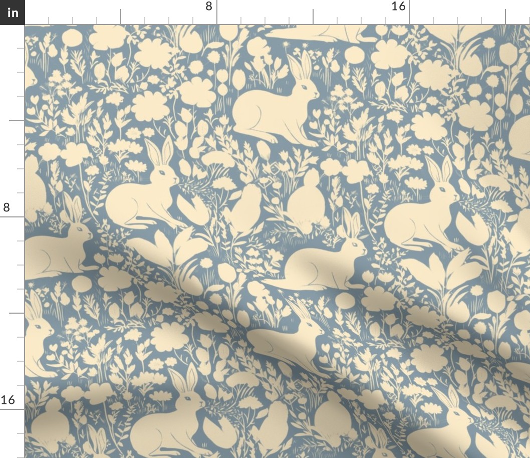 Rabbits Wildflowers Cream White and Blue Flowers Floral Bunnies 