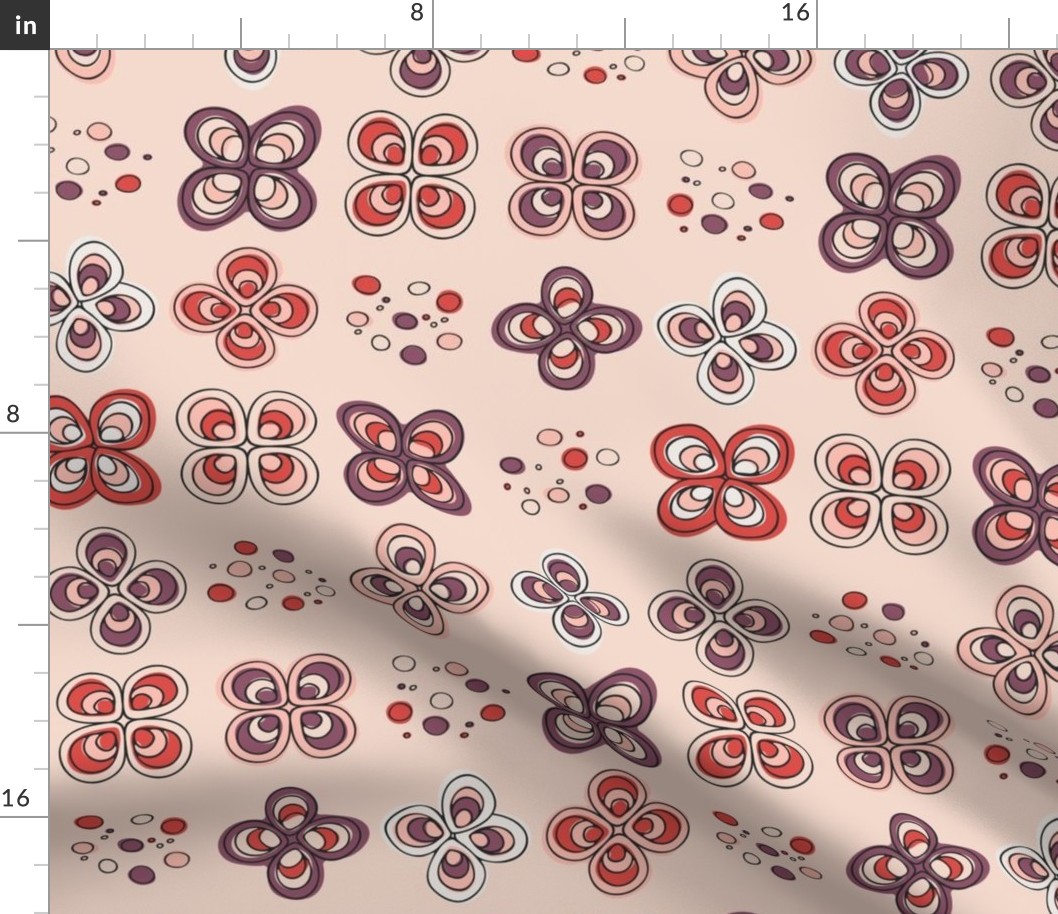 M | Plum Violet and Red Abstract Butterfly Wings Retro Floral Doodle Grid with Dots on Soft Pink
