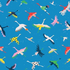 (Large) Flying heron design, Flying birds design, Kids bird fabric, blue, bright colors