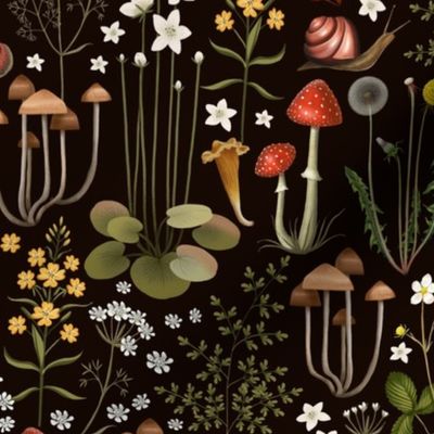 Mushroom Forest Flowers Slugs Moths Plants Black Background