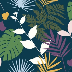 Colorful Tropical Leaves on Prussian Blue
