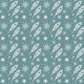 Vintage snowshoe tracks on teal SMALL (4.5x4.5)