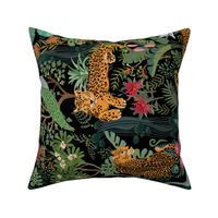 Sideways Untamed Cheetah on black with protea flowers