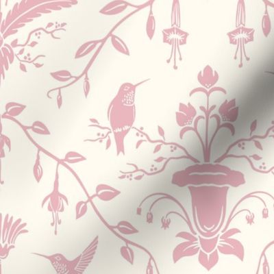 Hummingbird damask in pink and white tint