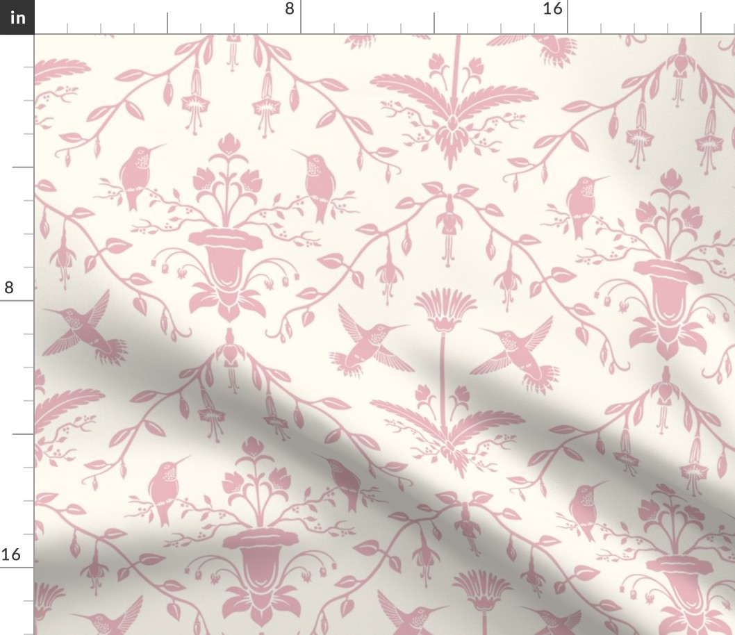 Hummingbird damask in pink and white tint