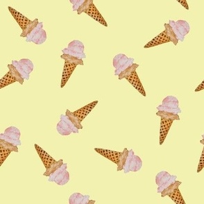 Small Scattered Watercolor Ice Cream in Waffle Cones with Pastel Yellow Background