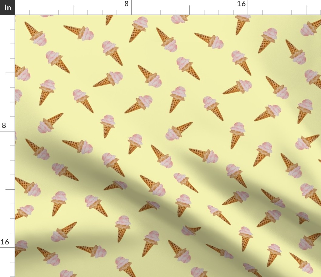 Small Scattered Watercolor Ice Cream in Waffle Cones with Pastel Yellow Background