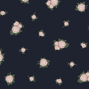 Scattered Victorian Pink Roses with Midnight Blue Background
