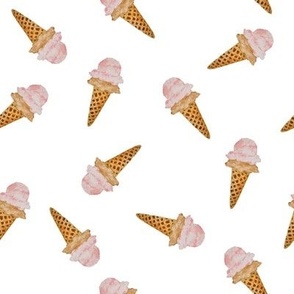 Small Scattered Watercolor Ice Cream in Waffle Cones with White Background