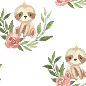 Cute watercolor sloths with leaves and flowers for baby girl's clothing and nursery decor