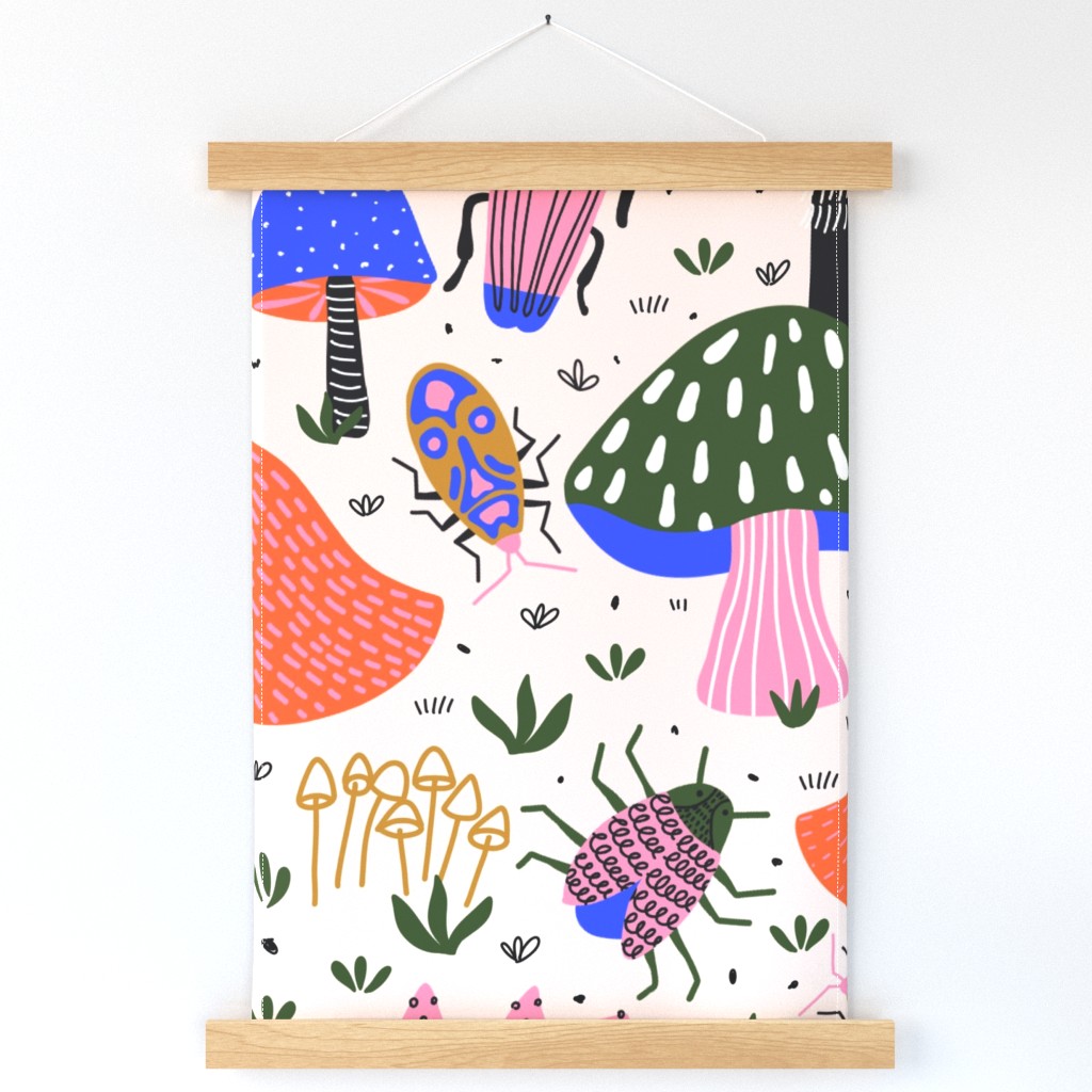 Doodle Bugs Between Different Type of Mushrooms, Insects and Funghi Red Green Blue Pink on Off-White - Large