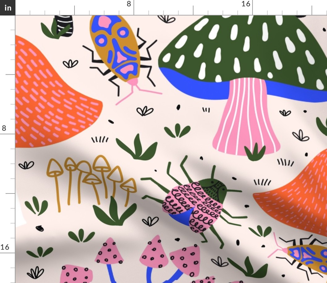Doodle Bugs Between Different Type of Mushrooms, Insects and Funghi Red Green Blue Pink on Off-White - Large