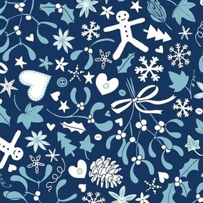 Mistletoe & Gingerbread Ditsy - Blue and white, large scale by Cecca Designs