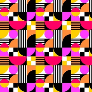 Retro Geometric Shapes And Stripes Pattern No.2 Orange, Pink, Black, White And Yellow