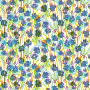 small scale Buttercup field loose floral / col3 blue pink and yellow