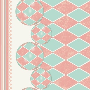 Vintage toned and textured blush and aqua harlequin border with 3D balls, spots and stripes. 