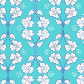 Dainty flower stripe in turquoise and white, larger scale for bedding and wallpaper