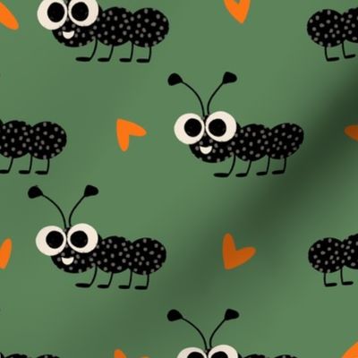 Cute Ant With Heart Green - Kids Nursery Illustration Kawaii Cute Bugs 