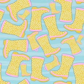 Cute Yellow and Pink Rain Boots  on Blue Stripe Background Mommy and Me Spring Patterns April Showers Mudroom Wallpaper