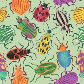 Watercolour Doodle Beetles Green