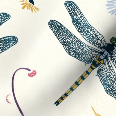 Dragonflies and Damselflies among colorful flowers 