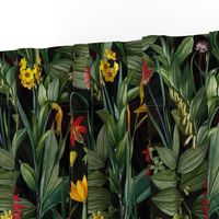 vintage tropical flowers and leaves garden,  antiqued green leaf and nostalgic beautiful springflowers and exotic blossoms black  double layer 