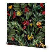 vintage tropical flowers and leaves garden,  antiqued green leaf and nostalgic beautiful springflowers and exotic blossoms black  double layer 