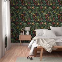 vintage tropical flowers and leaves garden,  antiqued green leaf and nostalgic beautiful springflowers and exotic blossoms black  double layer 