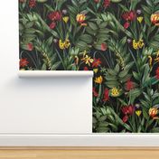 vintage tropical flowers and leaves garden,  antiqued green leaf and nostalgic beautiful springflowers and exotic blossoms black  double layer 