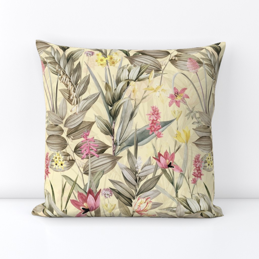 vintage tropical flowers and leaves garden,  antiqued green leaf and nostalgic beautiful springflowers and exotic blossoms sepia yellow  double layer 