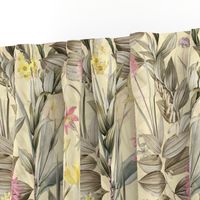 vintage tropical flowers and leaves garden,  antiqued green leaf and nostalgic beautiful springflowers and exotic blossoms sepia yellow  double layer 