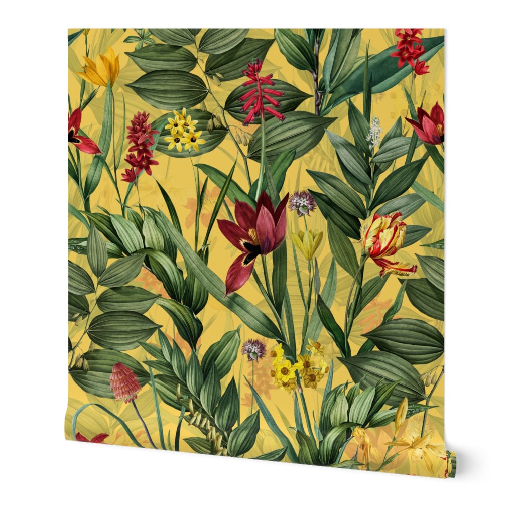 14" vintage tropical flowers and leaves garden,  antiqued green leaf and nostalgic beautiful springflowers and exotic blossoms yellow double layer 