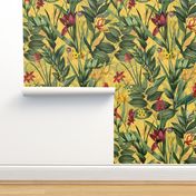 14" vintage tropical flowers and leaves garden,  antiqued green leaf and nostalgic beautiful springflowers and exotic blossoms yellow double layer 