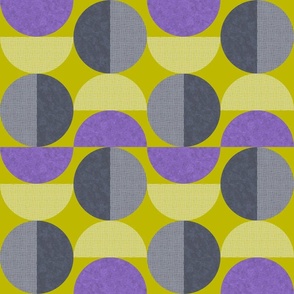 Retro Texture Geometric Squares And Circles Pattern No.4 Purple, Mustard Yellow, And White