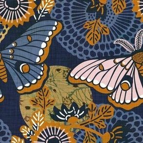 Marvelous Moths- Vintage Japanese Floral With Moth- Butterfly- Insects- Bugs- Blue Gold and Pink Butterflies on Indigo Blue Background- Petal Solid Coordinate- Cotton Candy- Honey- Desert Sun- Large