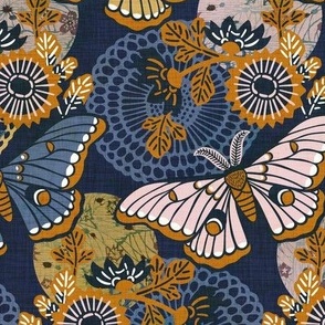 Marvelous Moths- Vintage Japanese Floral With Moth- Butterfly- Insects- Bugs- Blue Gold and Pink Butterflies on Indigo Blue Background- Petal Solid Coordinate- Cotton Candy- Honey- Desert Sun- Medium
