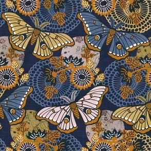 Marvelous Moths- Vintage Japanese Floral With Moth- Butterfly- Insects- Bugs- Blue Gold and Pink Butterflies on Indigo Blue Background- Petal Solid Coordinate- Cotton Candy- Honey- Desert Sun- Small