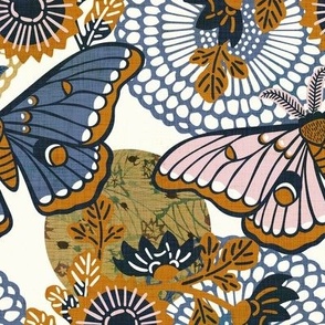 Marvelous Moths- Vintage Japanese Floral With Moth- Butterfly- Insects- Bugs- Blue Gold and Pink Butterflies on Off White Background- Petal Solid Coordinate- Cotton Candy- Honey- Desert Sun- Large