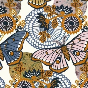 Marvelous Moths- Vintage Japanese Floral With Moth- Butterfly- Insects- Bugs- Blue Gold and Pink Butterflies on Off White Background- Petal Solid Coordinate- Cotton Candy- Honey- Desert Sun- Medium