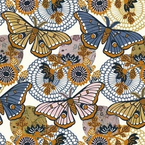 Marvelous Moths- Vintage Japanese Floral With Moth- Butterfly- Insects- Bugs- Blue Gold and Pink Butterflies on Off White Background- Petal Solid Coordinate- Cotton Candy- Honey- Desert Sun- Small
