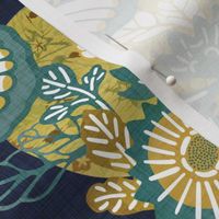 Marvelous Moths- Vintage Japanese Floral With Moth- Butterfly- Insects- Bugs- Teal and Gold Butterflies on Indigo Blue Background- Large