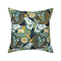 Marvelous Moths- Vintage Japanese Floral With Moth- Butterfly- Insects- Bugs- Teal and Gold Butterflies on Indigo Blue Background- Large
