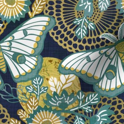 Marvelous Moths- Vintage Japanese Floral With Moth- Butterfly- Insects- Bugs- Teal and Gold Butterflies on Indigo Blue Background- Large
