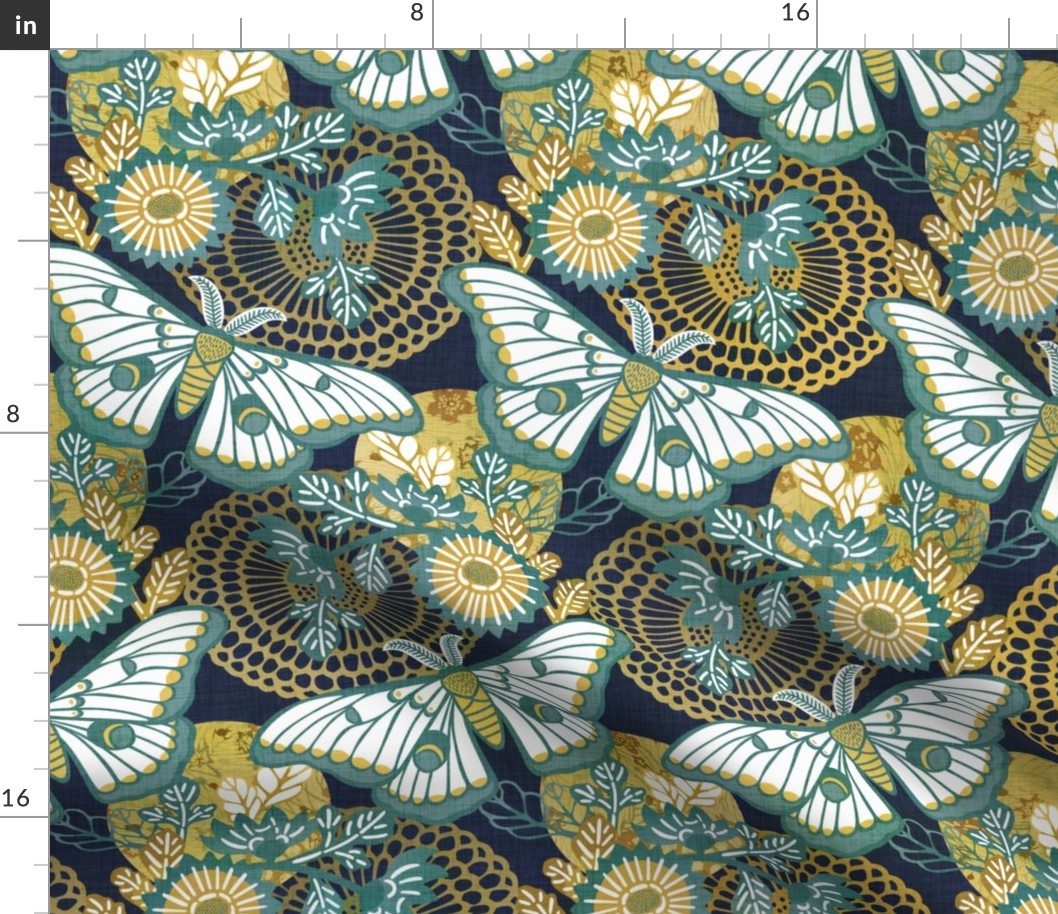 Marvelous Moths- Vintage Japanese Floral With Moth- Butterfly- Insects- Bugs- Teal and Gold Butterflies on Indigo Blue Background- Large