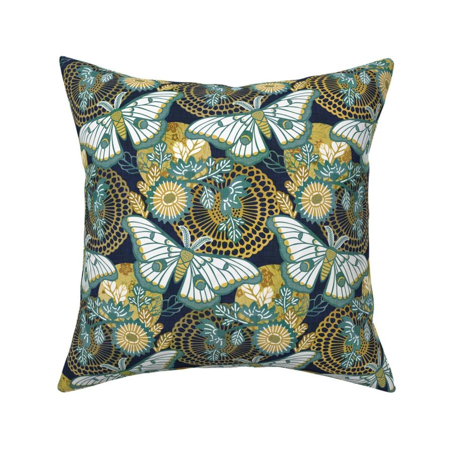 Marvelous Moths- Vintage Japanese Floral With Moth- Butterfly- Insects- Bugs- Teal and Gold Butterflies on Indigo Blue Background- Medium