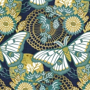 Marvelous Moths- Vintage Japanese Floral With Moth- Butterfly- Insects- Bugs- Teal and Gold Butterflies on Indigo Blue Background- Medium